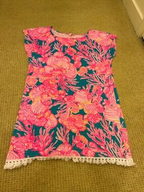 Lilly Pulitzer Tilla Coverup Pink Blue floral Fringe Tassels Small size M